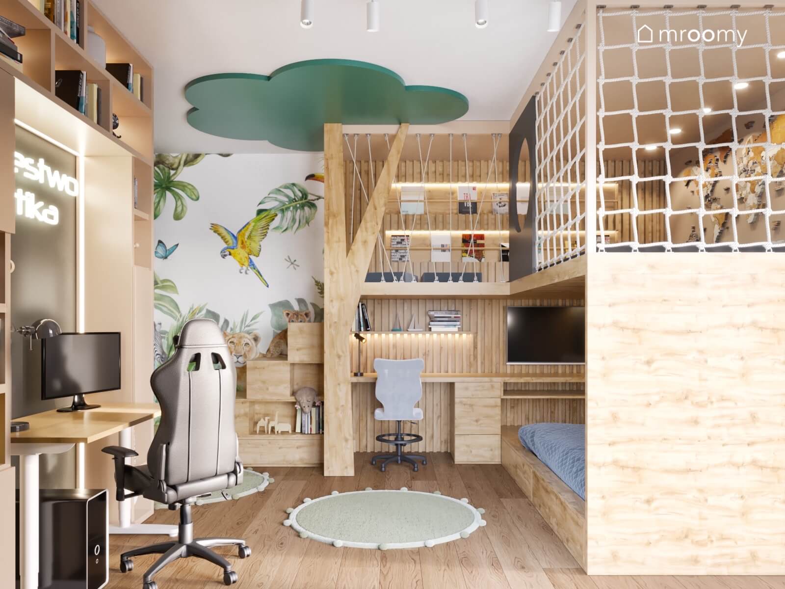 Projekt pokoju chłopca z antresolą i zabudową meblową