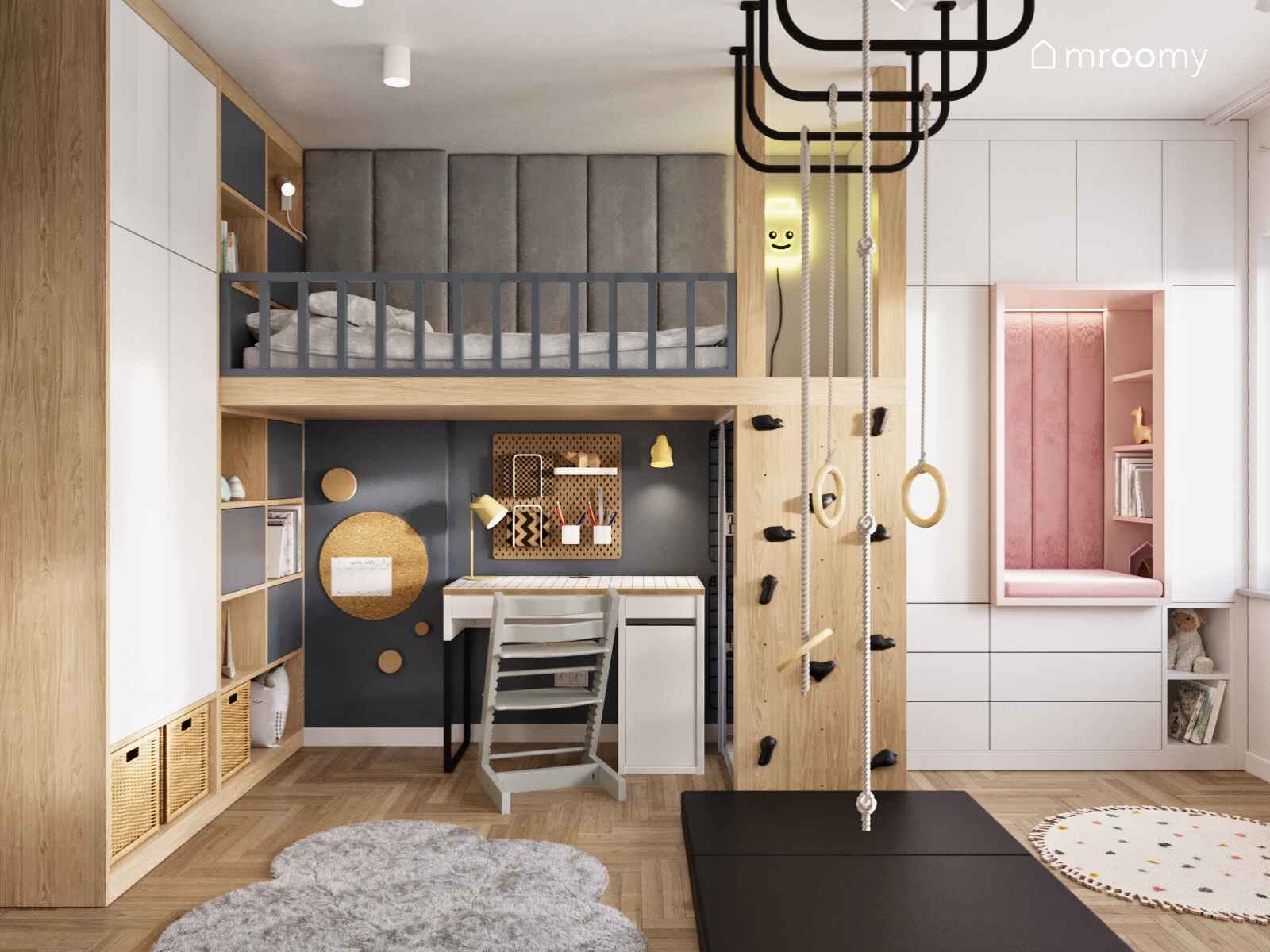 Strefa nauki w pokoju rodzeństwa, zabudowa meblowa.