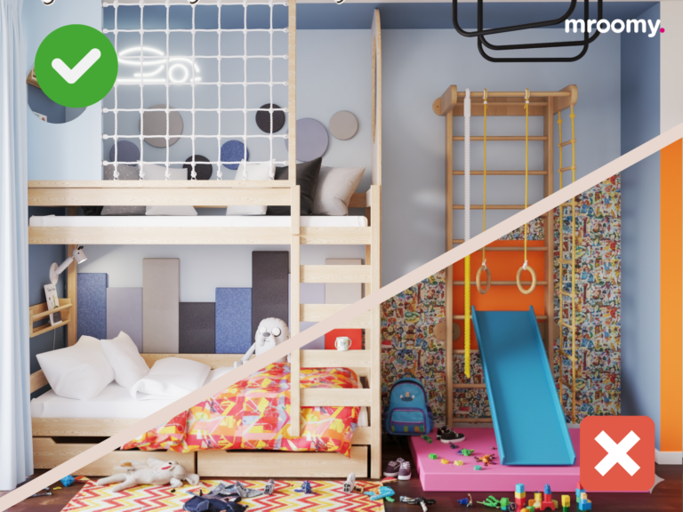 Infografika przedstawiająca czego unikać a co stosować w pokoju dziecka z ADHD, widoczny uporządkowany pokój w stonowanych kolorach i ten sam pokój w wersji z bałaganem, wzorzystą tapetą i jaskrawymi kolorami