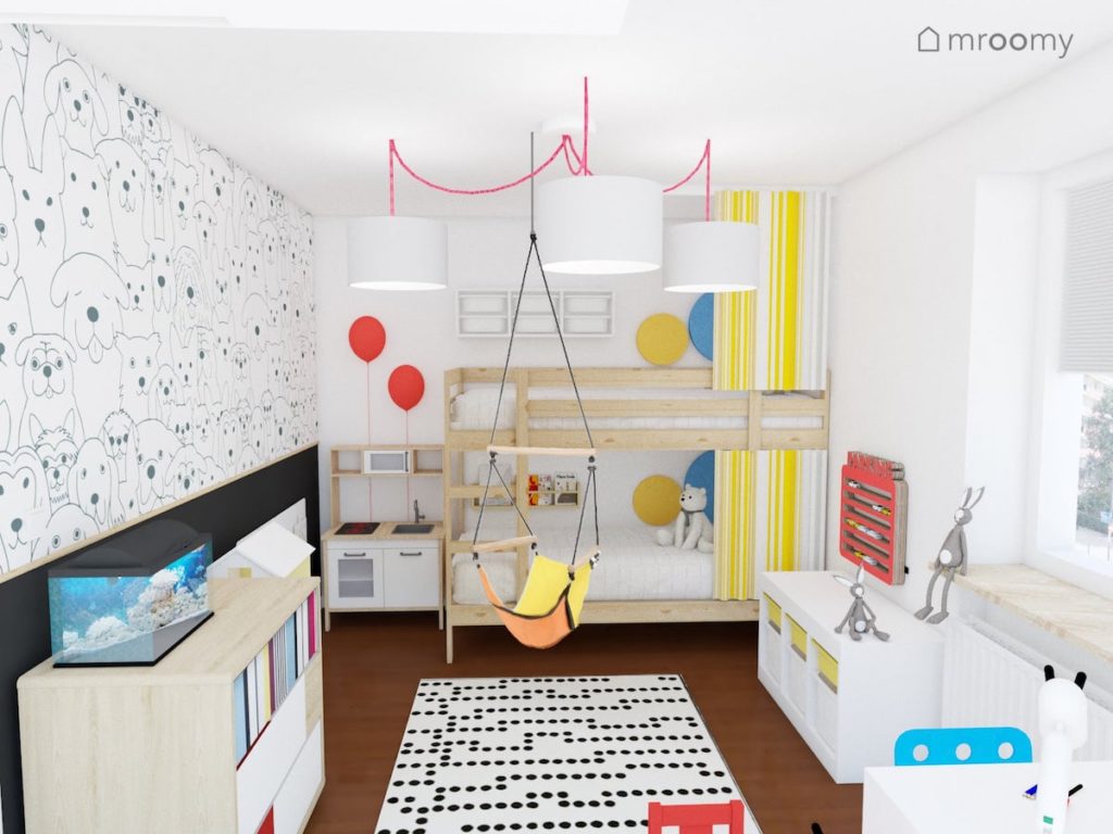 Łóżko piętrowe huśtawka tapeta w pieski i lampa z czerwonymi kablami w pokoju dziewczynki i chłopca