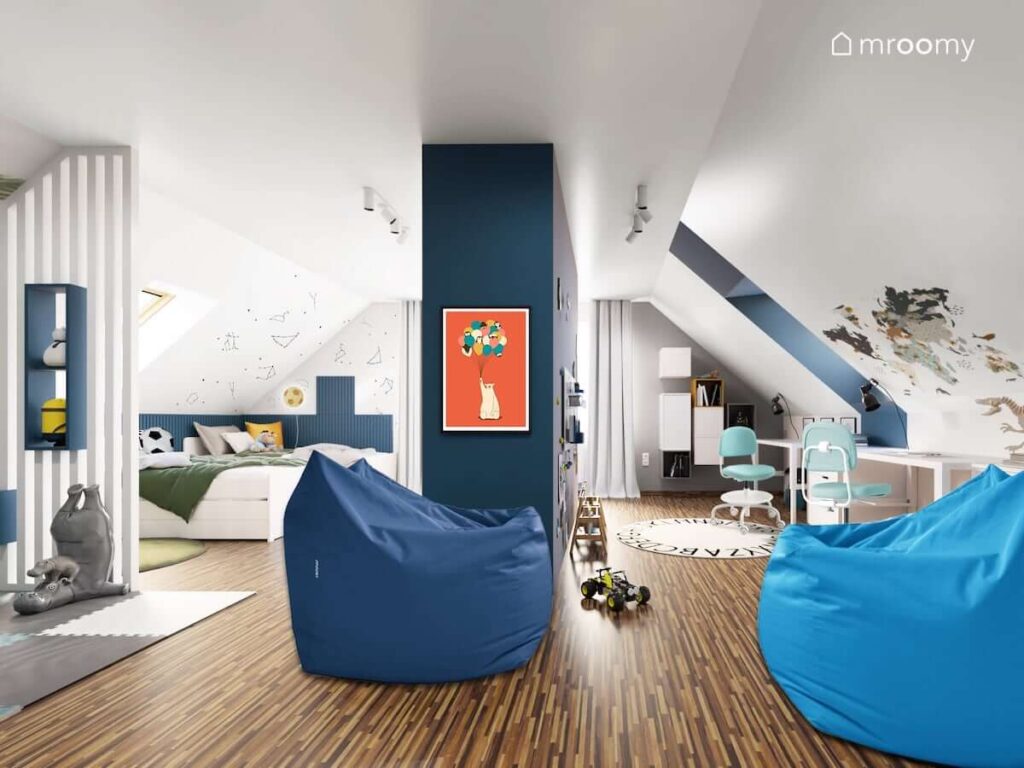 Biało granatowy poddaszowy pokój dla dwóch chłopców z dwoma łóżkami biurkami niebieskimi pufami sako oraz ścianami ozdobionymi panelami ściennymi oraz naklejkami z konstelacjami i mapą