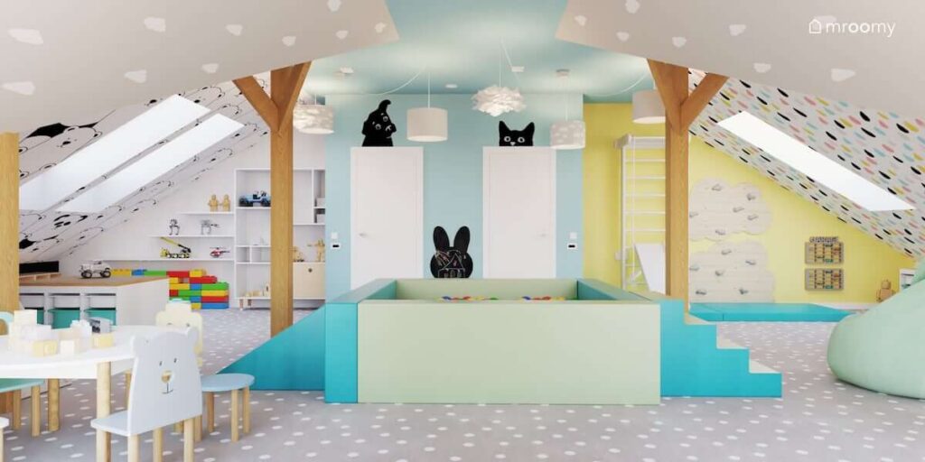 Poddaszowa bawialnia dla dwóch chłopców z suchym basenem z kulkami drabinką gimnastyczną i ścianką wspinaczkową a także z kolorowymi ścianami i naklejkami z psem i kotem nad drzwiami