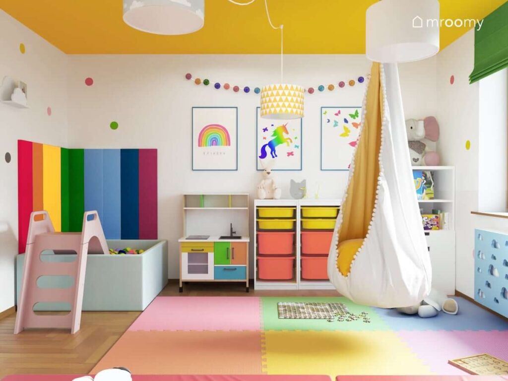 Radosny kolorowy pokój pełniący funkcję bawialni dla przedszkolaka z basenem z kulkami i zjeżdżalnią huśtawką białymi meblami do przechowywania zabawek puzzlami piankowymi na podłodze żółtym sufitem tęczową girlandą świecących kulek