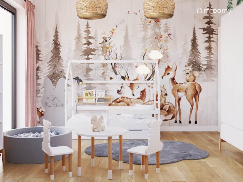 Biały stolik na drewnianych nogach oraz krzesełka z oparciami w kształcie alpak a także łóżko domek a na ścianie leśna tapeta i tablica kredowa w kształcie królika w pokoju dla rocznej dziewczynki