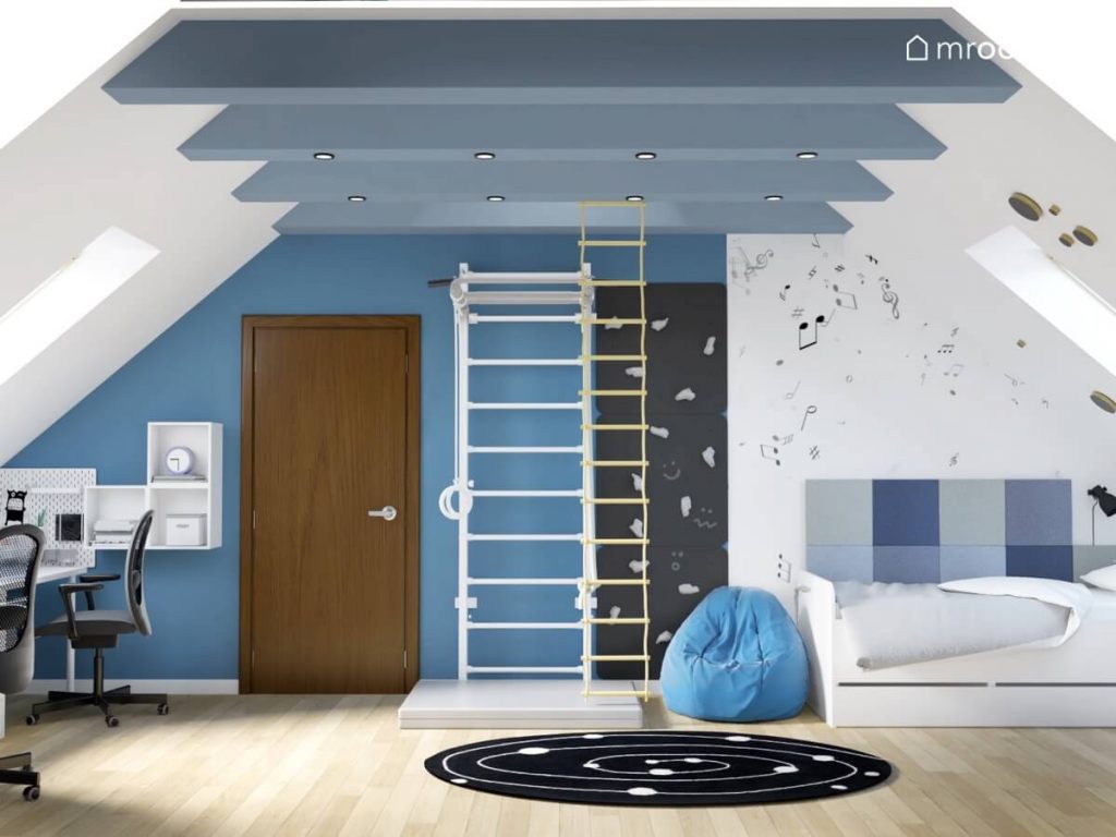 Biało niebieski poddaszowy pokój dla dwóch chłopców a w nim drabinka gimnastyczna ścianka wspinaczkowa oraz łóżka uzupełnione panelami ściennymi w różnych kolorach