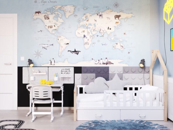 niebieska tapeta z mapą świata w pokoju chłopca fana lego
