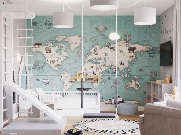 tapeta maps w kolorze mint z mapą świata w kolorze miętowym w pokoju dziecka