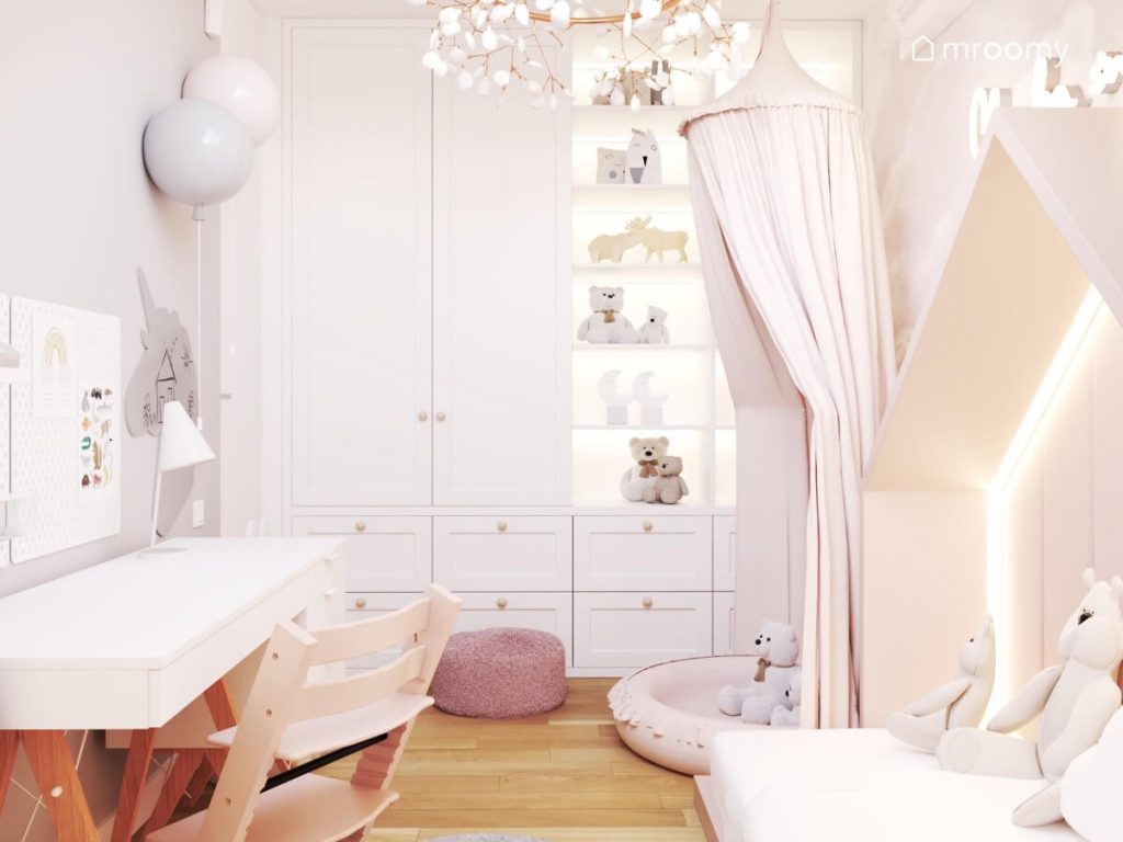 Jasny i przytulny pokój dla malutkiej dziewczynki a w nim białe meble różowa pufa kinkiety w kształcie balonów oraz ozdobny żyrandol
