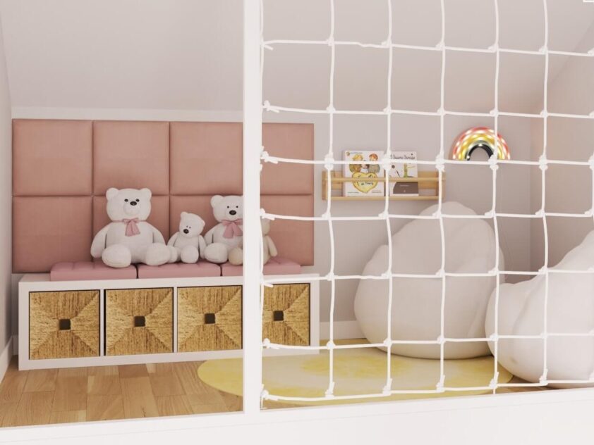 panele tapicerowane w kształcie kwadratów w kąciku zabaw dziecka