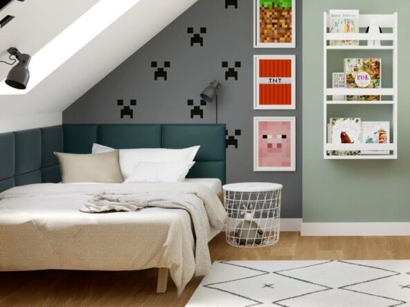 panele tapicerowane prostokątne wokół łóżka w pokoju chłopca