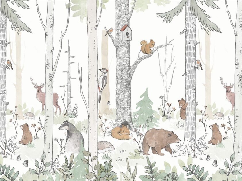 wzór leśnej tapety forest mural z lasem i zwierzętami dla chłopca