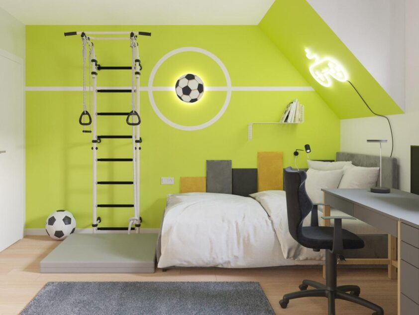 lampka w kształcie piłki w pokoju chłopca