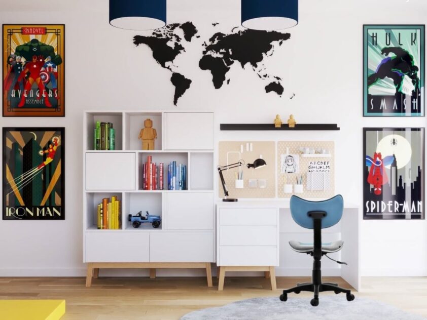 białe biurko długości 125cm z szufladami na drewnianych nogach w pokoju fana superbohaterów