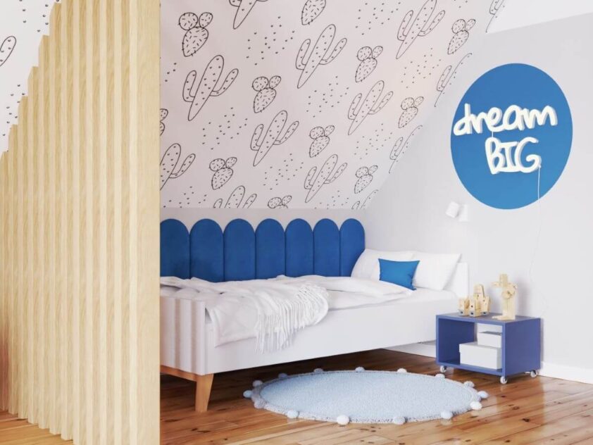 proste łóżko 90x200 w pokoju dziecka z niebieskimi dodatkami