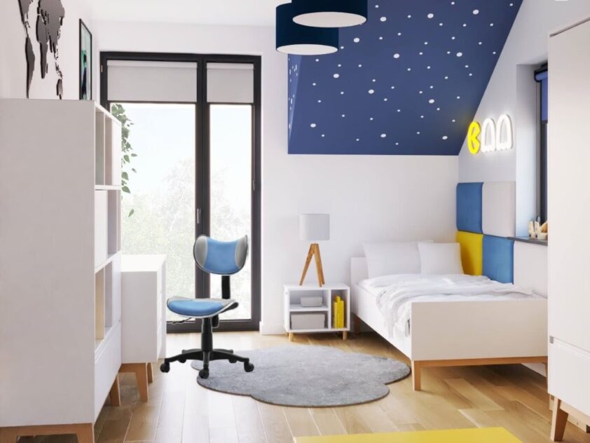 skandynawskie łóżko oraz panele tapicerowane przy łóżku w pokoju dziecka