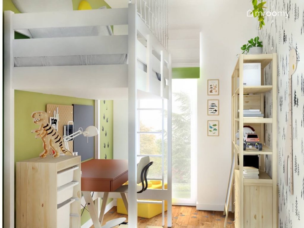 Biało zielony pokój dla malutkiego chłopca a w nim białe i drewniane meble oraz dodatki z dinozaurami