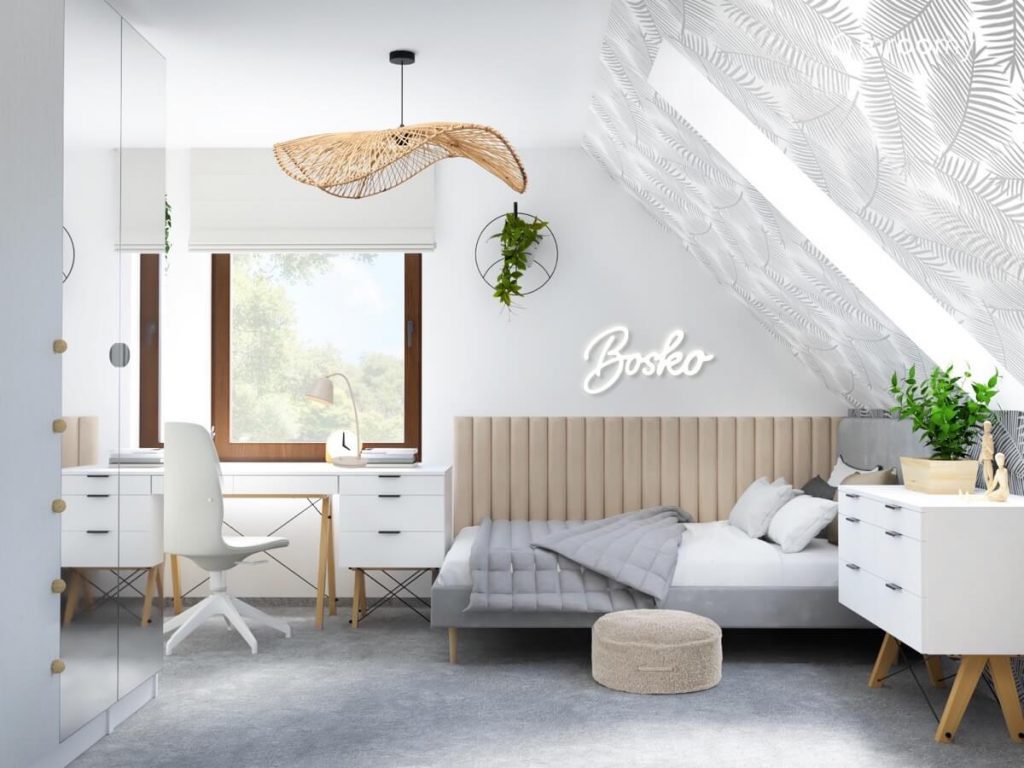 Poddaszowy pokój dla nastolatki a w nim białe meble z drewnianymi elementami szare łóżko ledon w kształcie napisu i bambusowa lampa
