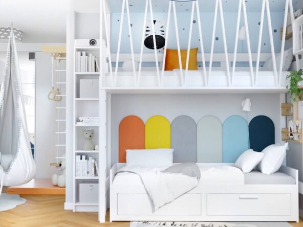 kolorowe panele tapicerowane przy łóżku dziecka