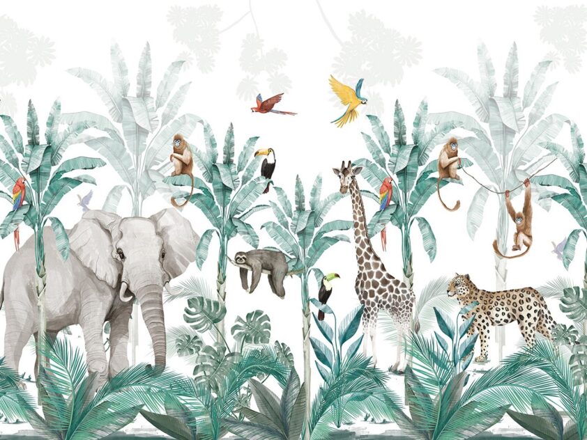 wzór tapety jungle malumi tapeta ze słoniem, żyrafą i małpą na tle palmowych liści