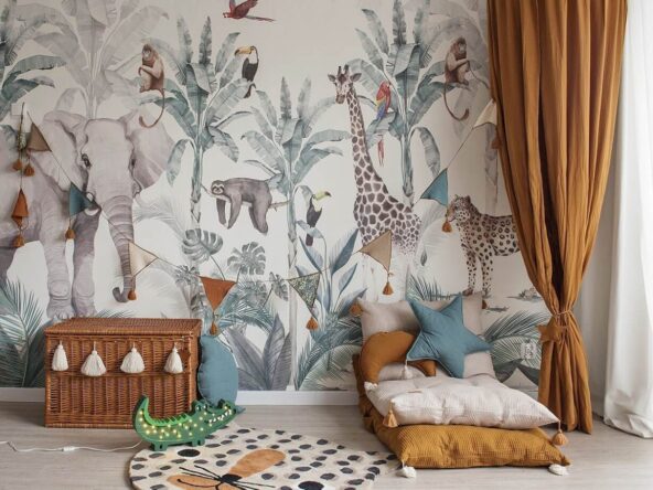 tapeta z dżunglą i egzotycznymi zwierzętami w pokoju dziecka