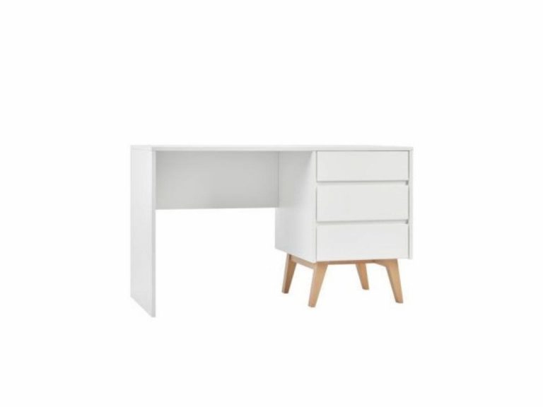 skandynawskie białe biurko na drewnianych nogach z szufladami