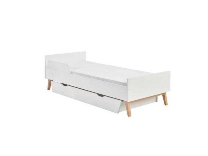 białe łóżko 90 x 200 z szufladą na drewnianych nogach