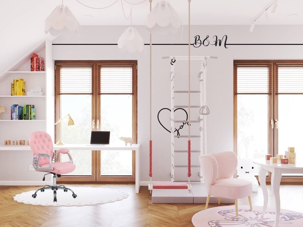 Biało szary poddaszowy pokój dla dziewczynki z drabinką gimnastyczną huśtawką białymi meblami oraz różowymi krzesłami