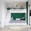 białe łóżko piętrowe ze schodami i szerokim dolnym łóżkiem w pokoju dziecka