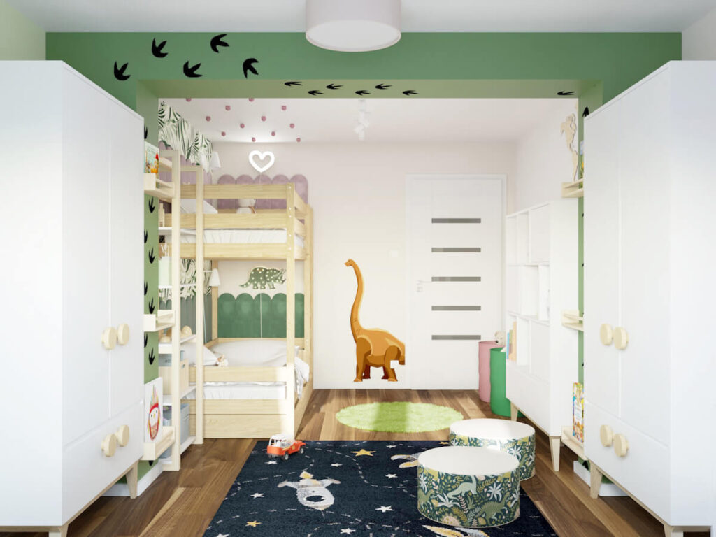 Biało zielony pokój dla siostry i brata a w nim białe meble drewniane łóżko piętrowe oraz dodatki z dinozaurami