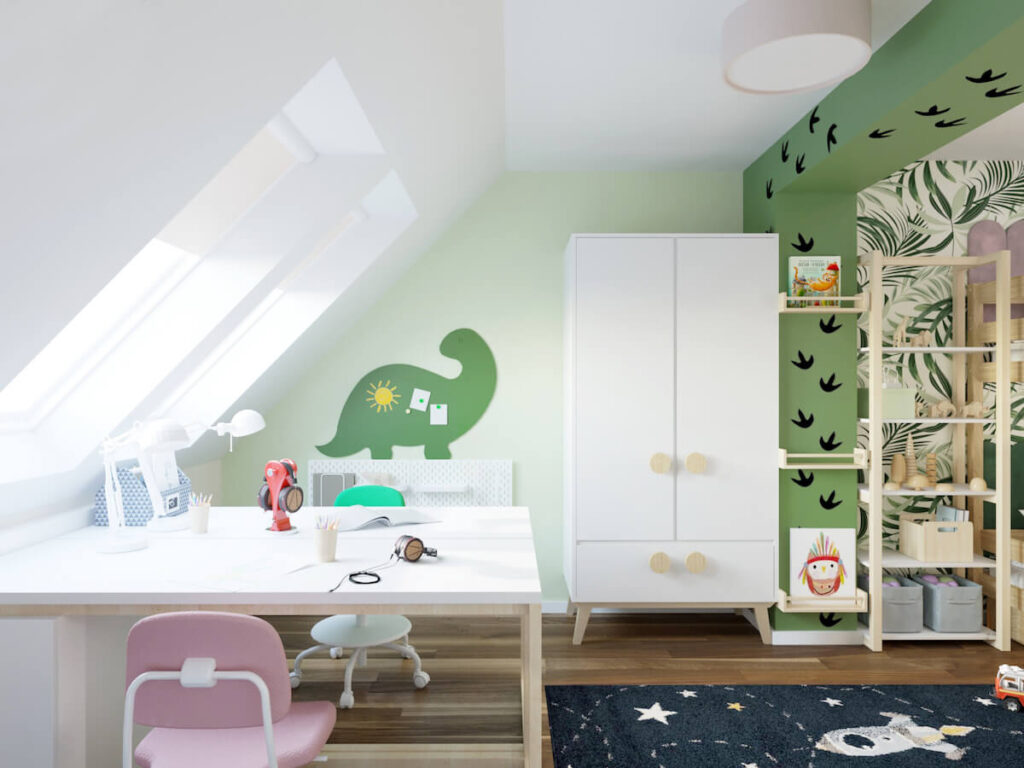 Poddaszowy pokój dla rodzeństwa z biało zielonymi ścianami białymi i drewnianymi meblami kosmicznym dywanem oraz dodatkami z dinozaurami