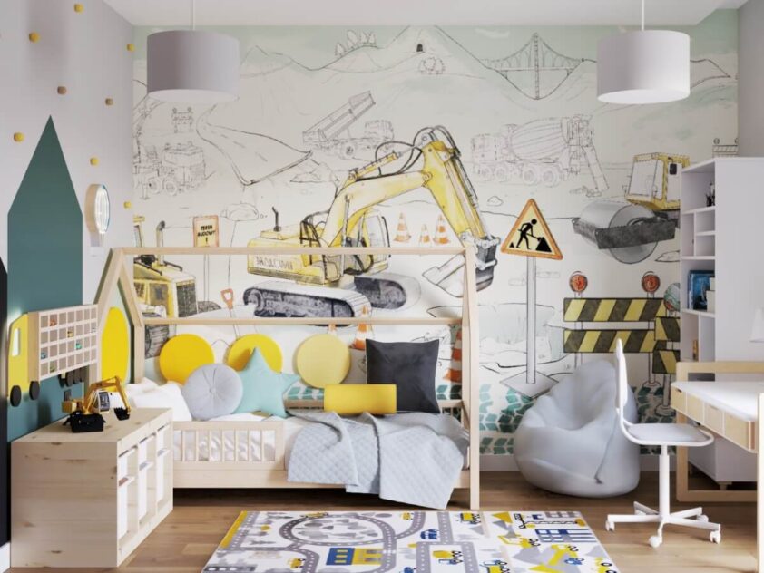 mural z koparkami w pokoju chłopca