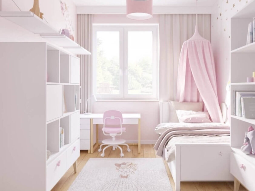 różowy pokój dla dziewczynki a w nim łóżko, komoda, baldachim i dywan little girl