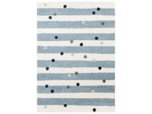 dywan w biało niebieskie paski i kolorowe kropki