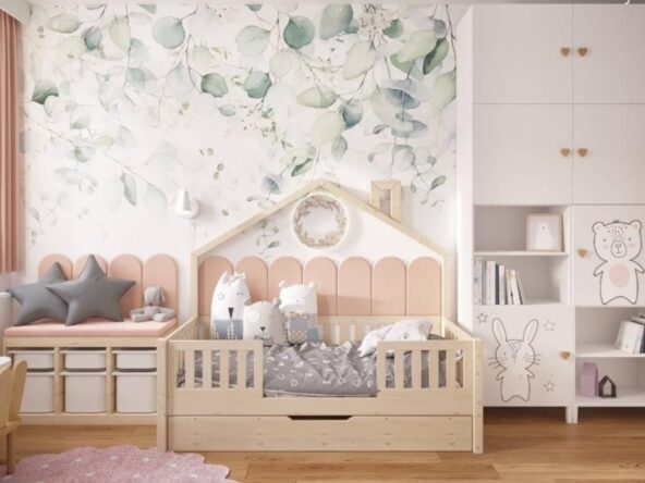 duży pokój dla dziecka z lamką w kształcie wianka