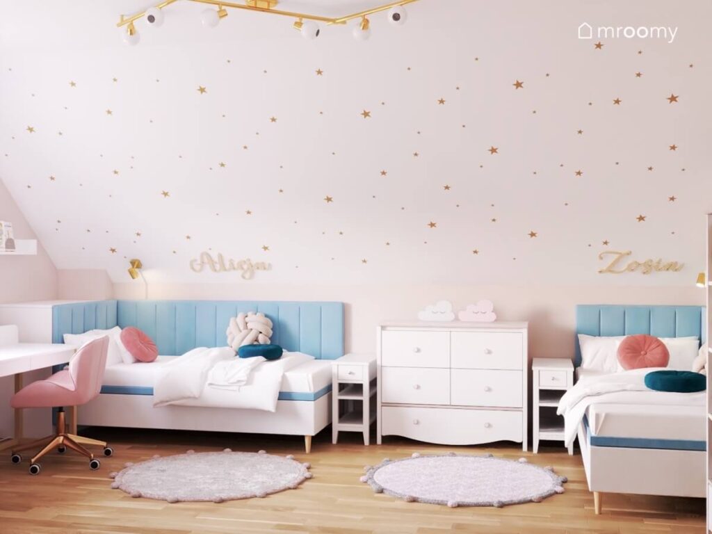 Biały skos w pokoju dwóch sióstr a na nim złote gwiazdki a pod spodem białe łóżka uzupełnione błękitnymi panelami ściennymi nad nimi imiona dziewczynek