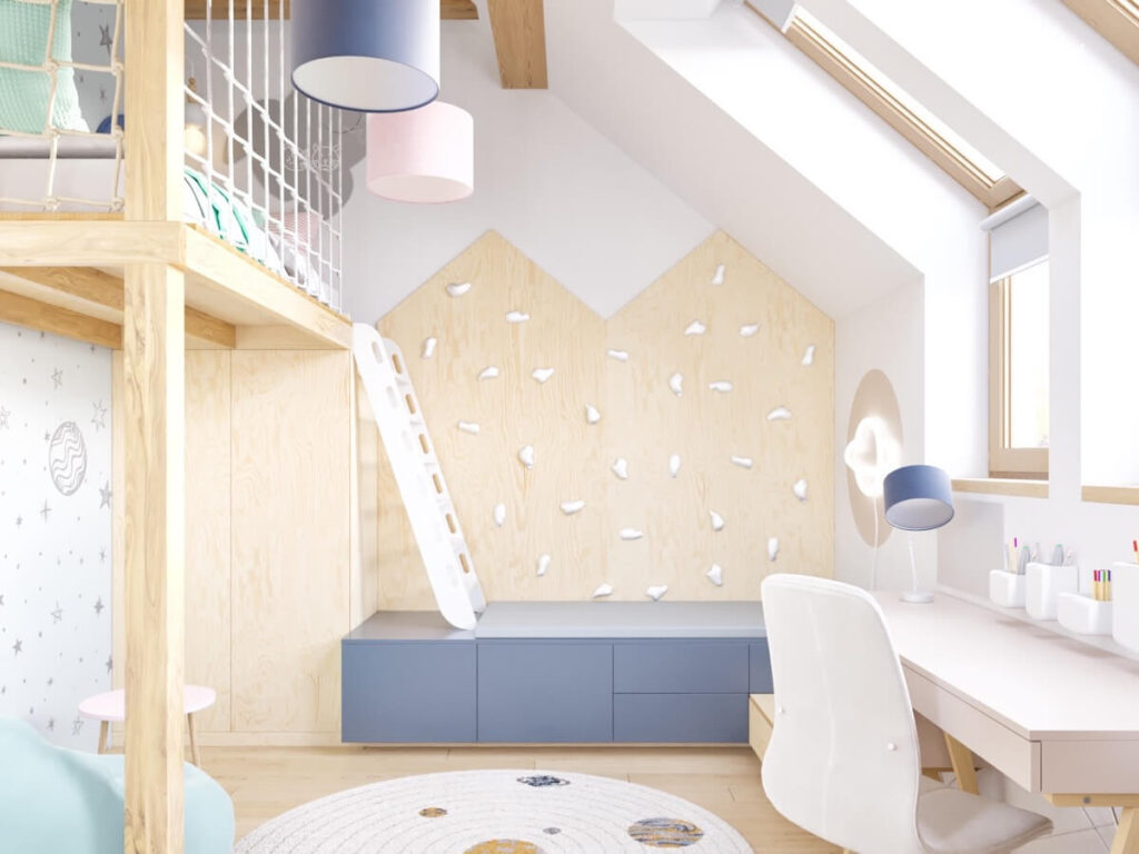 Antresola z drabinką ścianka wspinaczkowa w kształcie domków a na podłodze dywan w planety w poddaszowym pokoju dziewczynki