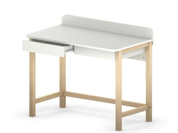 białe biurko z szufladami i tylną nadstawką