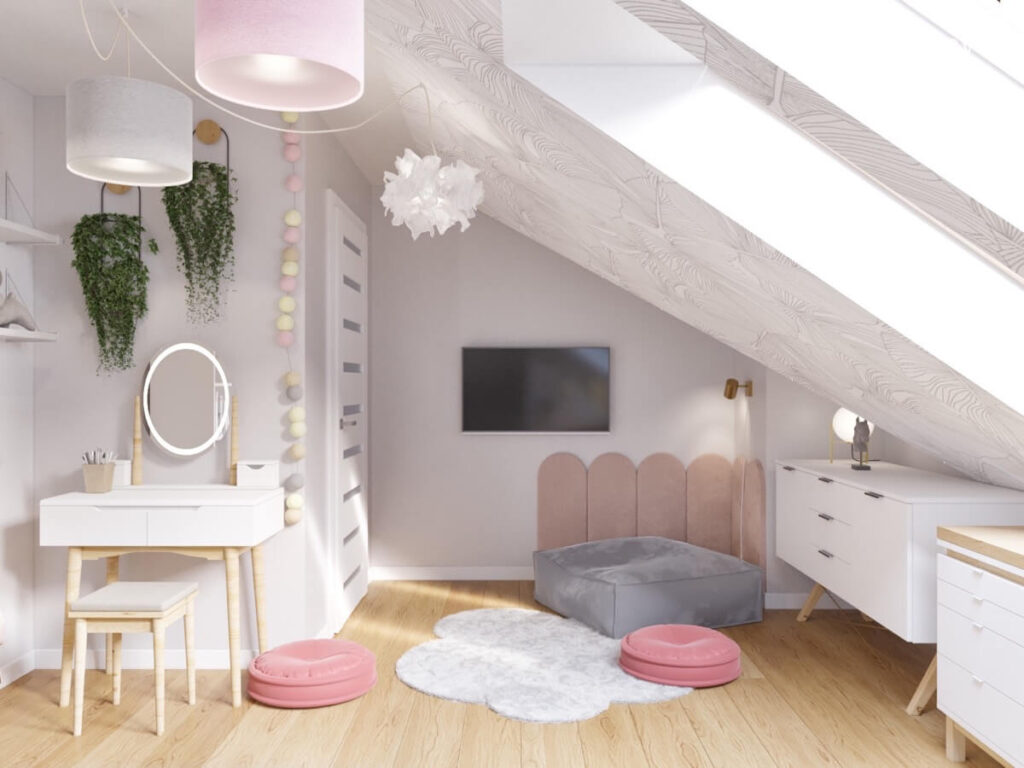 Szary pokój na poddaszu dla nastolatki a w nim biało drewniane meble różowe i szare pufy girlanda cotton balls oraz kwietniki