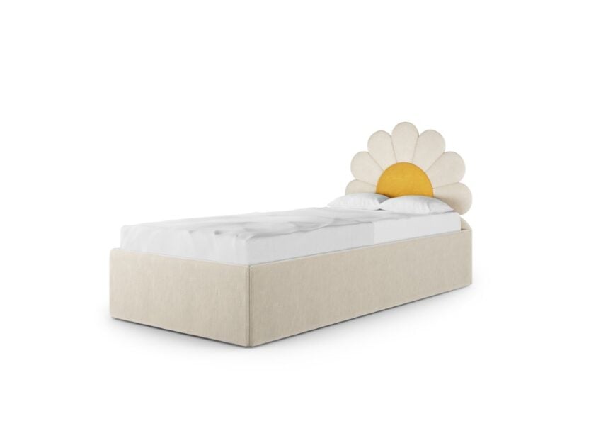Tapicerowane łóżko z zagłówkiem w kształcie stokrotki oraz pojemną skrzynią do przechowywania.