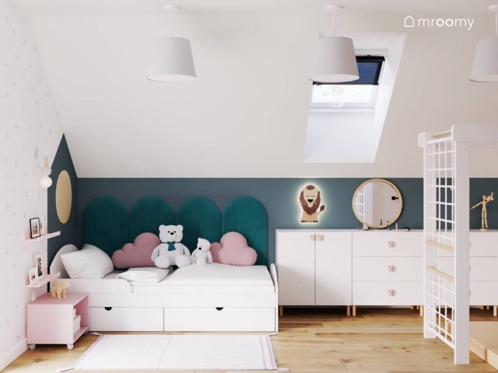 Biało granatowy poddaszowy pokój dla dziewczynki a w nim białe meble z gałkami w kształcie królików ciemnoniebieskie panele ścienne oraz lampka w kształcie lwa