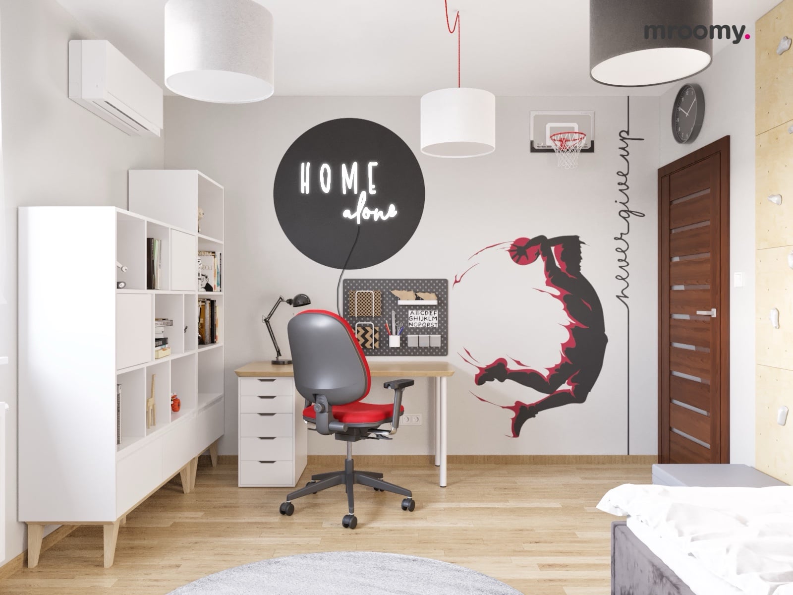 Strefa nauki w jasnoszarym pokoju chłopca z biurkiem organizerem i ledonem a obok naklejka z koszykarzem i kosz na ścianie