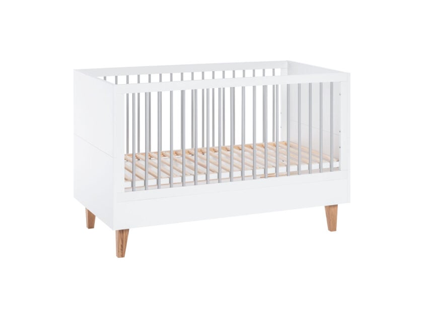 ŁÓŻECZKO 70X140 CONCEPT - białe drewno i szare szczeblinki.