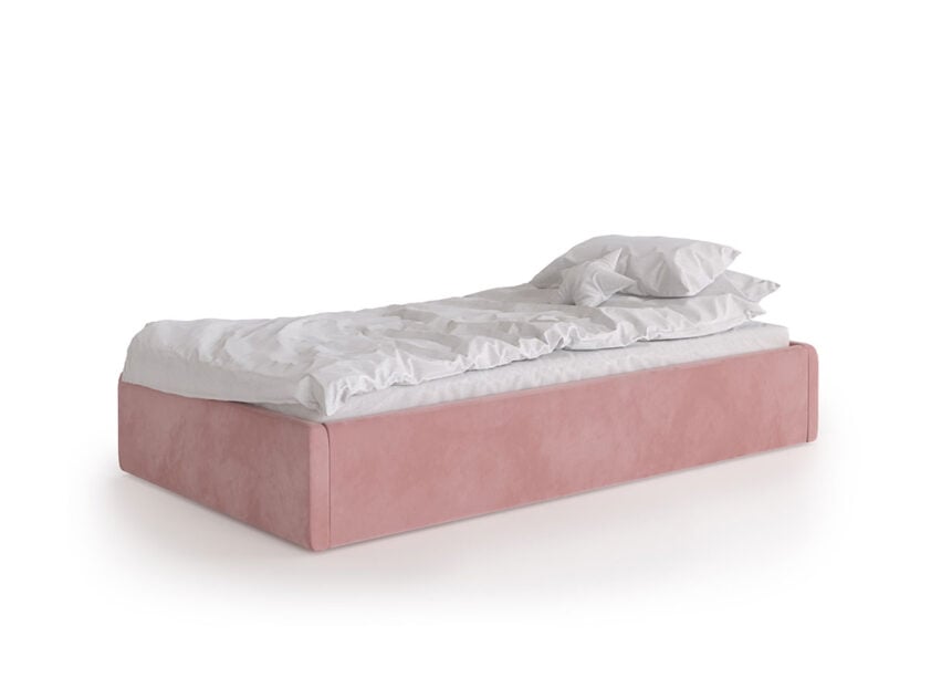 Łóżko tapicerowane dla dzieci i młodzieży z pojemnikiem na pościel.