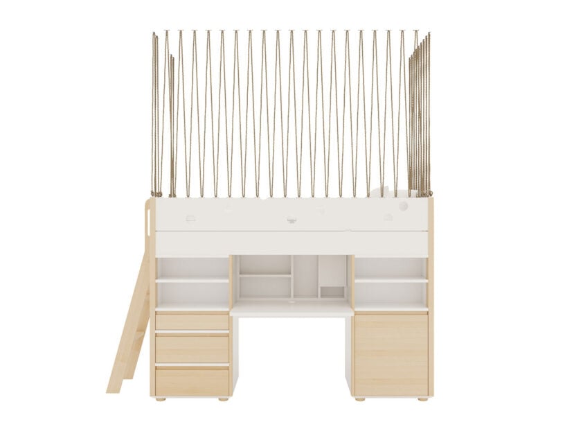 Siatka zygzak do łóżka na antresoli z biurkiem i szafkami.